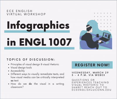 Flyer for ECE English's March virtual workshop on teaching infographics