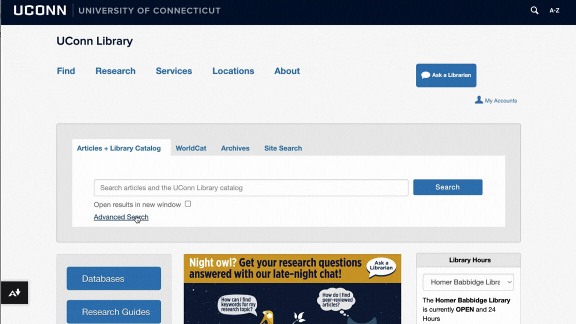 A GIF of an advanced search on the UConn Library website for a digital copy of Octavia Butler's novel Kindred