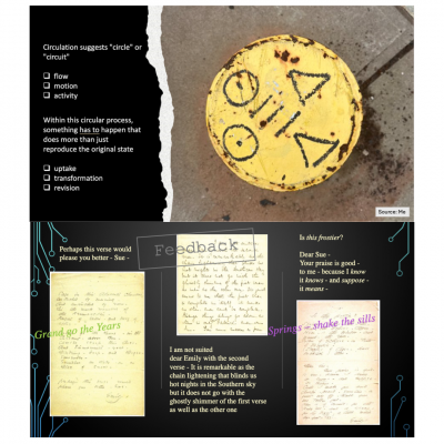 Screenshots from the Opening Remarks presentation showing a graffitti by tagger VEO and poems by Emily Dickinson